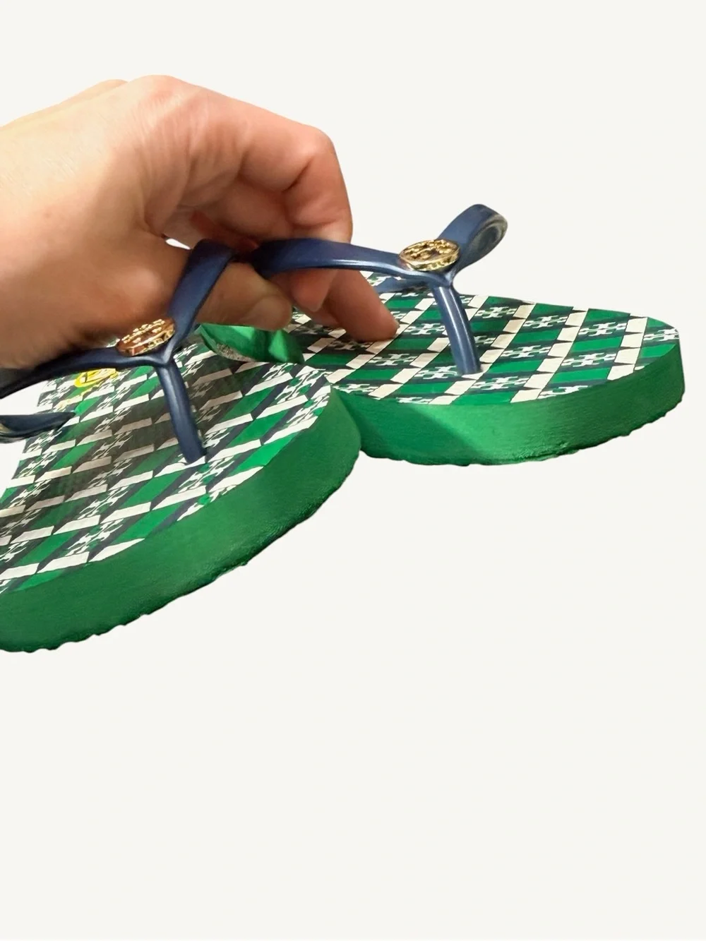 Tory Burch Green, Navy & White Check Logo Flip Flops Size 5 NWOT